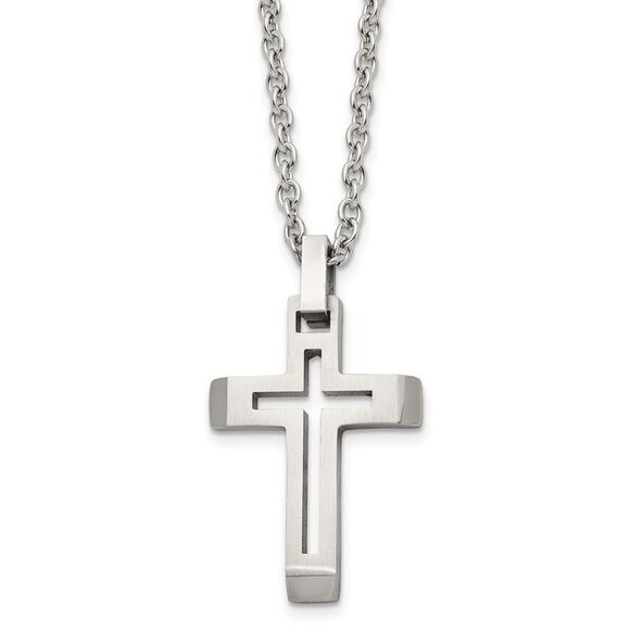 Mens Stainless Steel Brushed & Polished Voided Cross Necklace 20 Inch